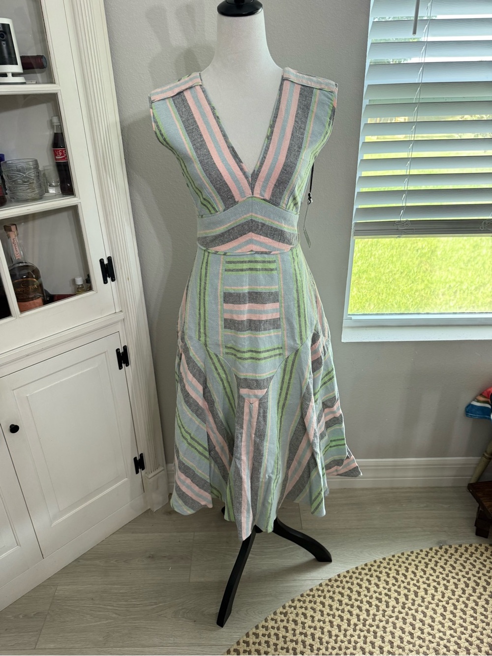 HUNTER BELL Striped V-Neck Midi Dress in Pastel Green and Pink